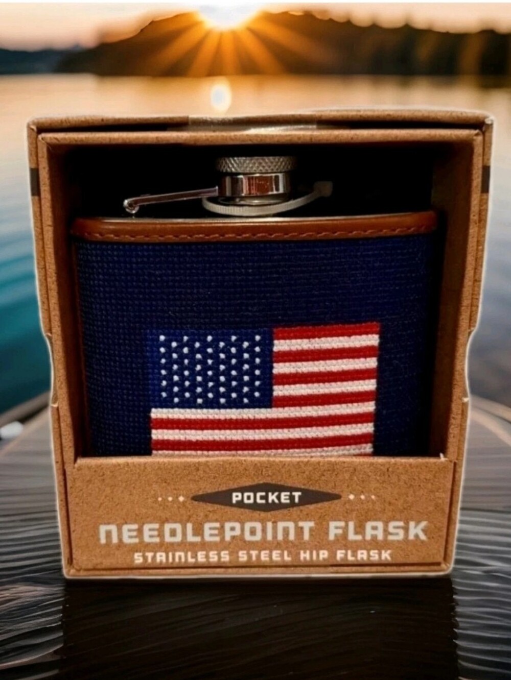 THE KRAFTSMAN CO. :AMERICAN FLAG: NEEDLEPOINT: STAINLESS STEEL: FLASK: 6 OZ: NEW